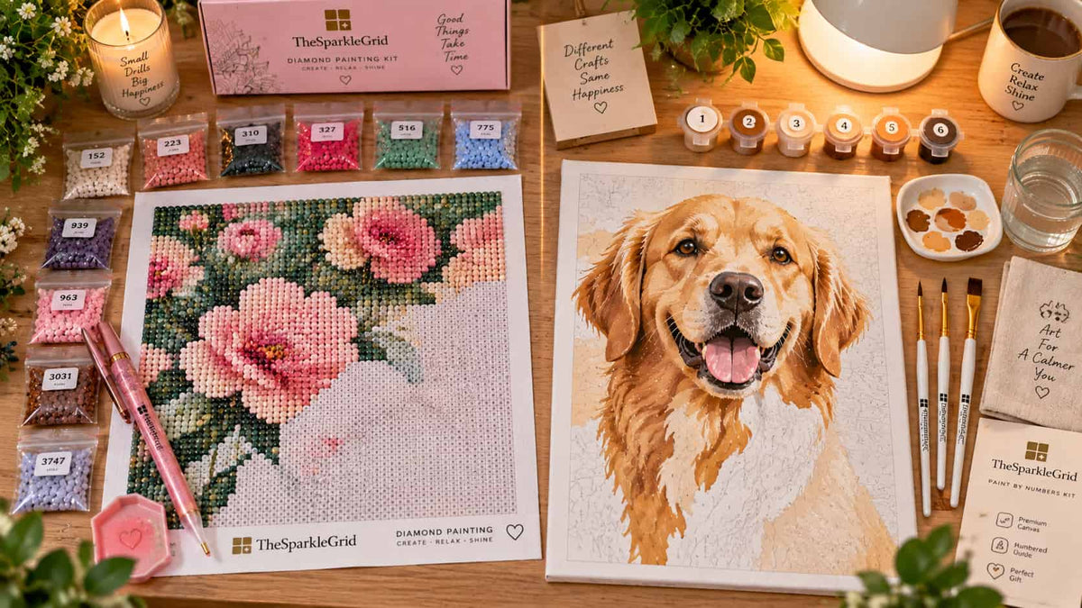 A beginner crafter's workspace viewed from above showing both a diamond painting in progress on the left with gem bags and stylus pen organised around it, and a paint by numbers canvas in progress on the right with paint pots and brushes in order