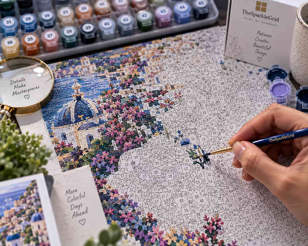 A high-angle perspective view showcasing extreme complexity on an adult paint by numbers canvas with hundreds of tiny numbered cells in a small area representing high detail.