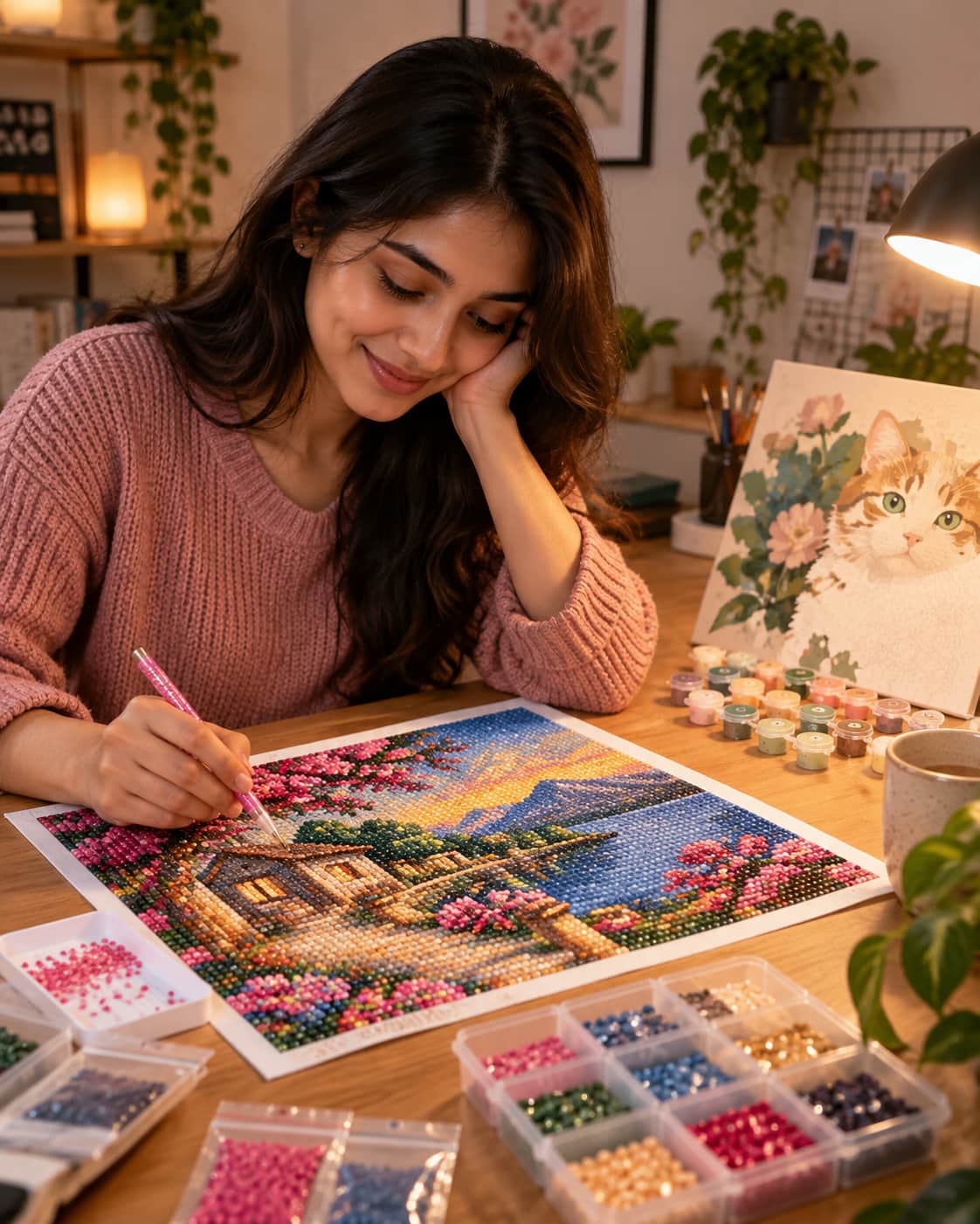 Woman creating a colorful diamond painting at a wooden desk with sparkling resin drills, craft supplies and a cozy home studio setting