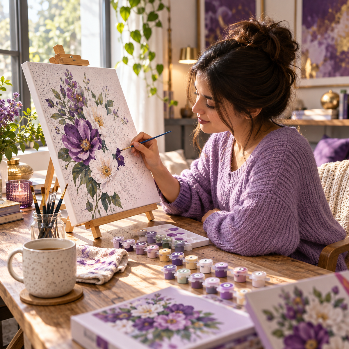 A complete beginner starting an adult paint by numbers kit on a beautiful canvas.