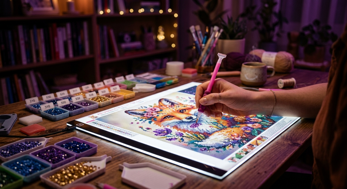 A crafter using a glowing LED light pad underneath a custom diamond painting canvas in a dimly lit room.