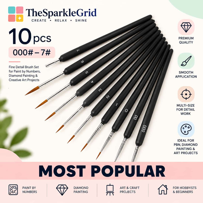The Sparkle Grid 10-piece fine detail brush set in sizes 000# - 7#, featuring black handles and silver metal ferrules with fine pointed tips, displayed on a light pink and white background with product features and icons.