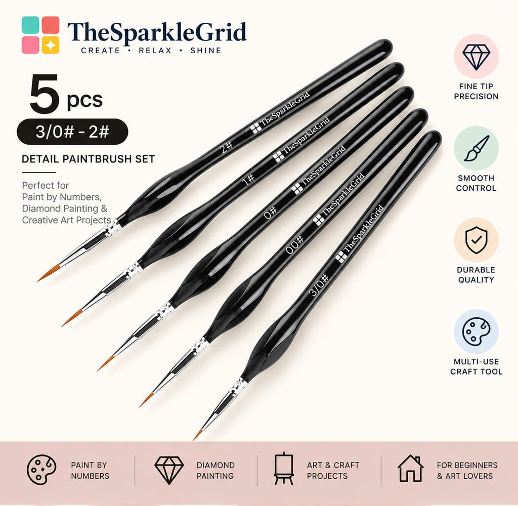 A set of five detail paintbrushes from The Sparkle Grid, displayed diagonally on a light beige background with promotional text and feature icons.