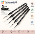 A set of five detail paintbrushes from The Sparkle Grid, displayed diagonally on a light beige background with promotional text and feature icons.