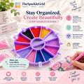 TheSparkleGrid diamond painting bead organizer tray with multiple colored compartments, shown on a light pink background with promotional text and a hand holding a pink beaded cord.