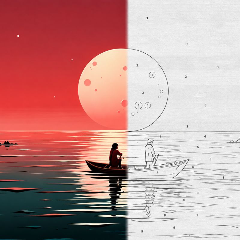 Couple on Boat Red Moon Seascape Paint by Numbers Kit | Romantic Landscape Paint by Numbers for Adults