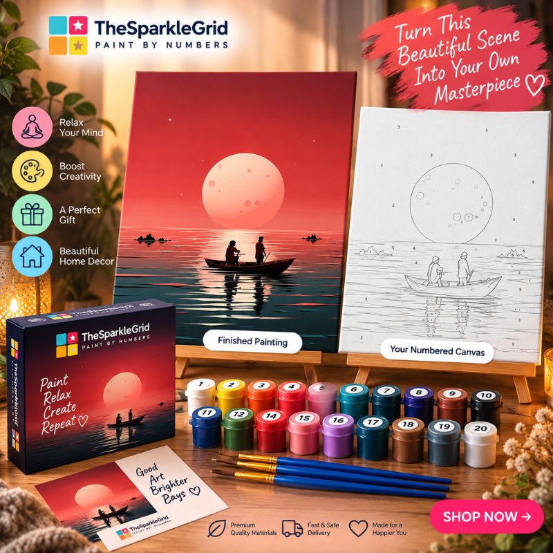 Couple on Boat Red Moon Seascape Paint by Numbers Kit | Romantic Landscape Paint by Numbers for Adults