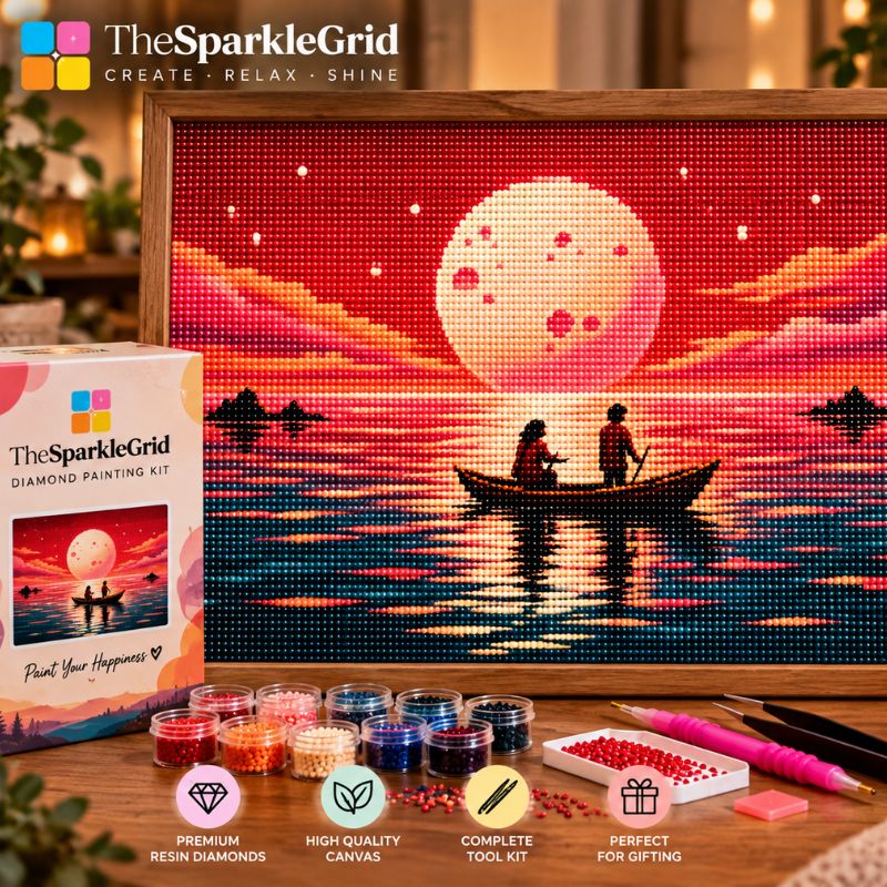 Couple on Boat Red Moon Seascape 5D Diamond Painting Kit | Romantic Landscape Diamond Art for Adults