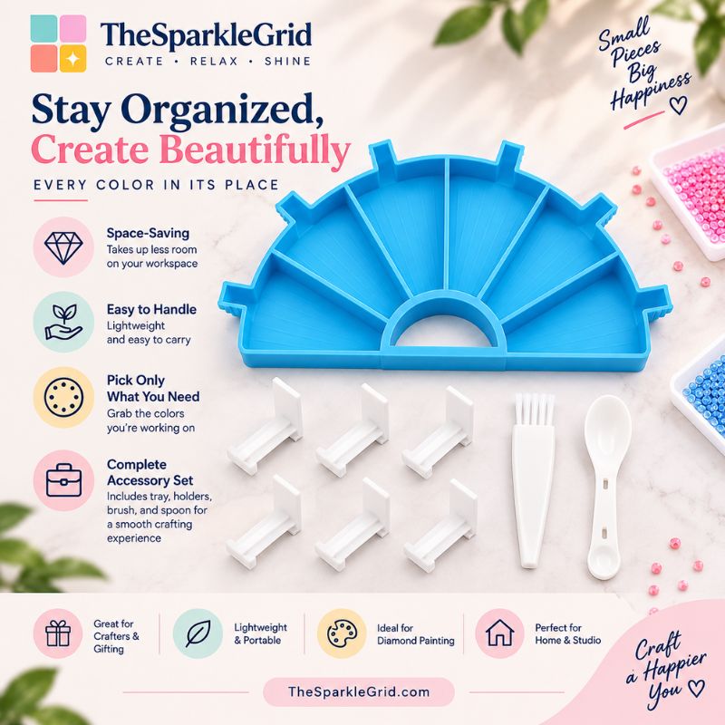 The Sparkle Grid diamond painting canvas and accessory set, featuring a blue semi-circular diamond canvas with white tools including a palette, fork, brush, and spoon, displayed on a light marble background with promotional text and icons.