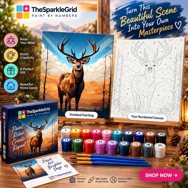 Majestic Stag Low-Poly Forest Portrait Paint by Numbers Kit | Wildlife Animal Paint by Numbers for Adults