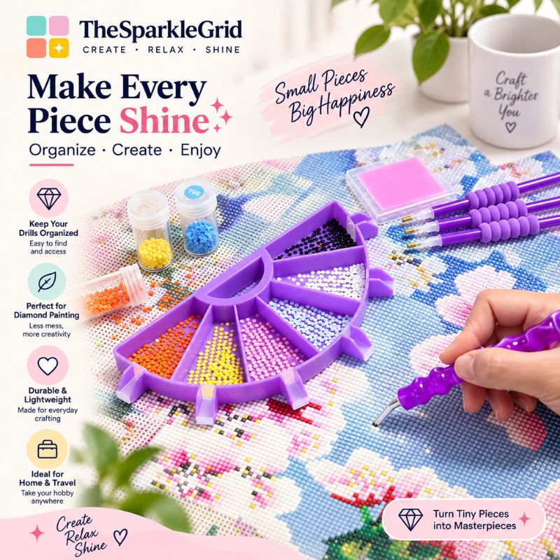 The Sparkle Grid diamond painting kit shown with a purple organizer tray filled with colorful beads, drawing tools, and a hand holding a pen tool over a floral canvas. The image includes promotional text and a mug in the background, making it a lifestyle/product presentation.