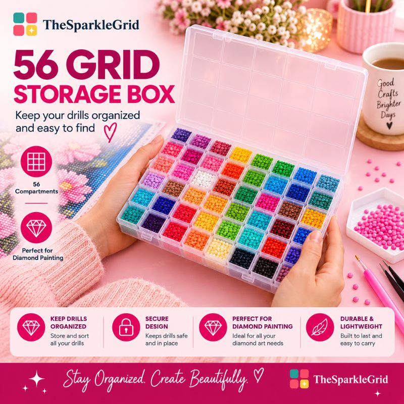 A clear plastic storage box filled with many colorful diamond painting drills, held by two hands over a pink promotional background with text and feature icons. The product is presented as a storage organizer for diamond art supplies.