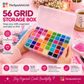 A clear plastic storage box filled with many colorful diamond painting drills, held by two hands over a pink promotional background with text and feature icons. The product is presented as a storage organizer for diamond art supplies.