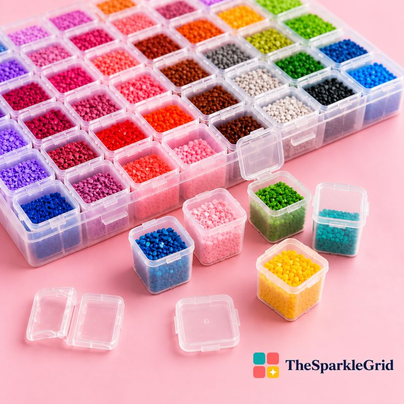 A clear plastic bead storage organizer filled with many small colorful beads, shown on a pink background with several small open bead containers in front. The SparkleGrid logo appears in the bottom right corner.