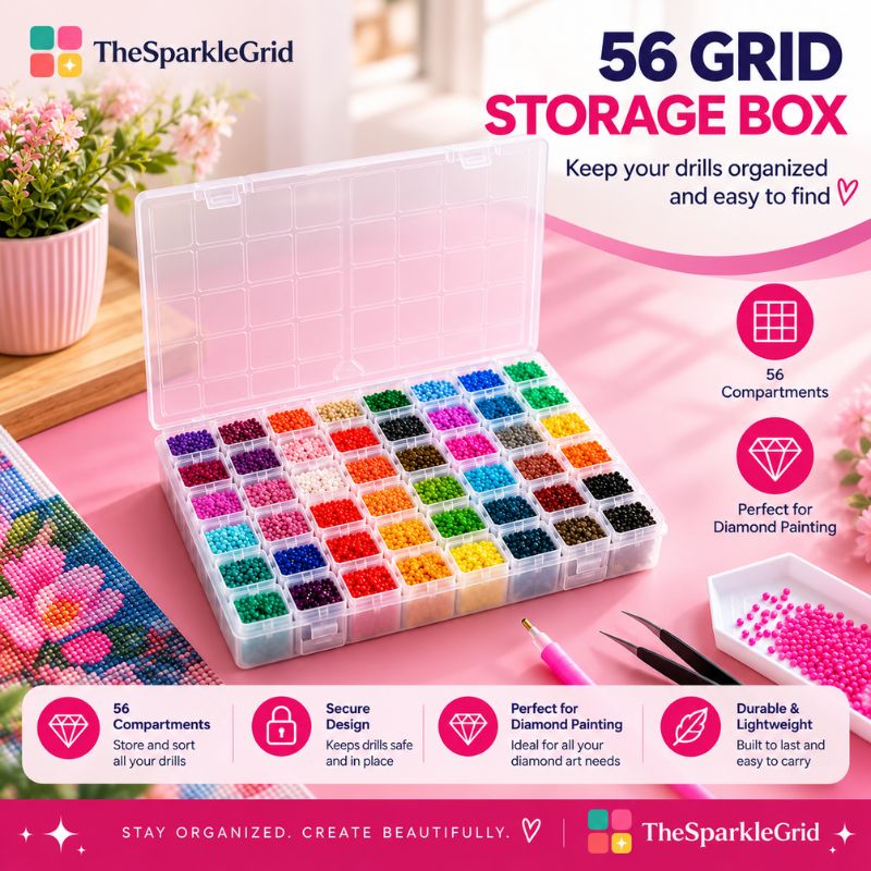 TheSparkleGrid 56-grid storage box for diamond painting beads, shown open with compartments filled with colorful beads. The image features promotional text, icons, and a pink background.