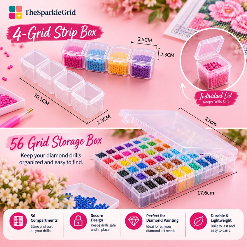The Sparkle Grid 4-grid strip box and 56-grid storage box set for organizing diamond painting drills, shown in various sizes and filled with colorful beads, on a pink background with decorative flowers.