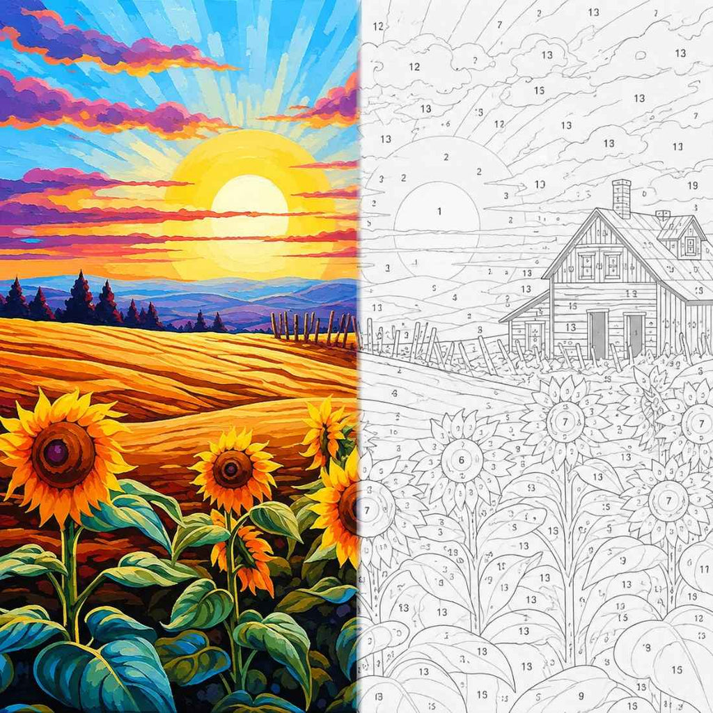 Sunflower Farm Sunset Paint by Numbers Kit | Van Gogh Style Floral Landscape Paint by Numbers for Adults