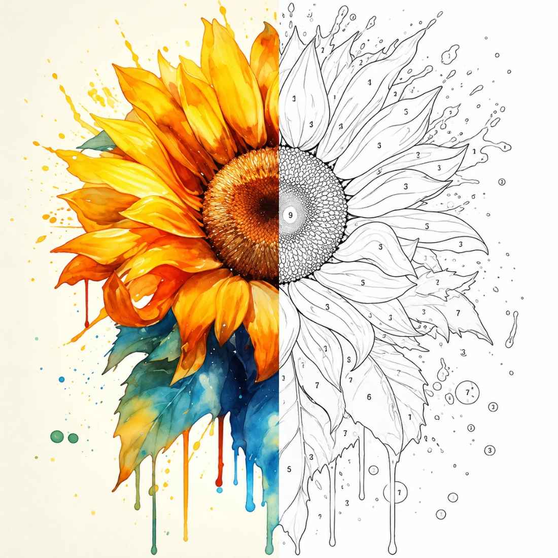 Watercolour Splash Sunflower Paint by Numbers Kit | Floral Paint by Numbers for Adults