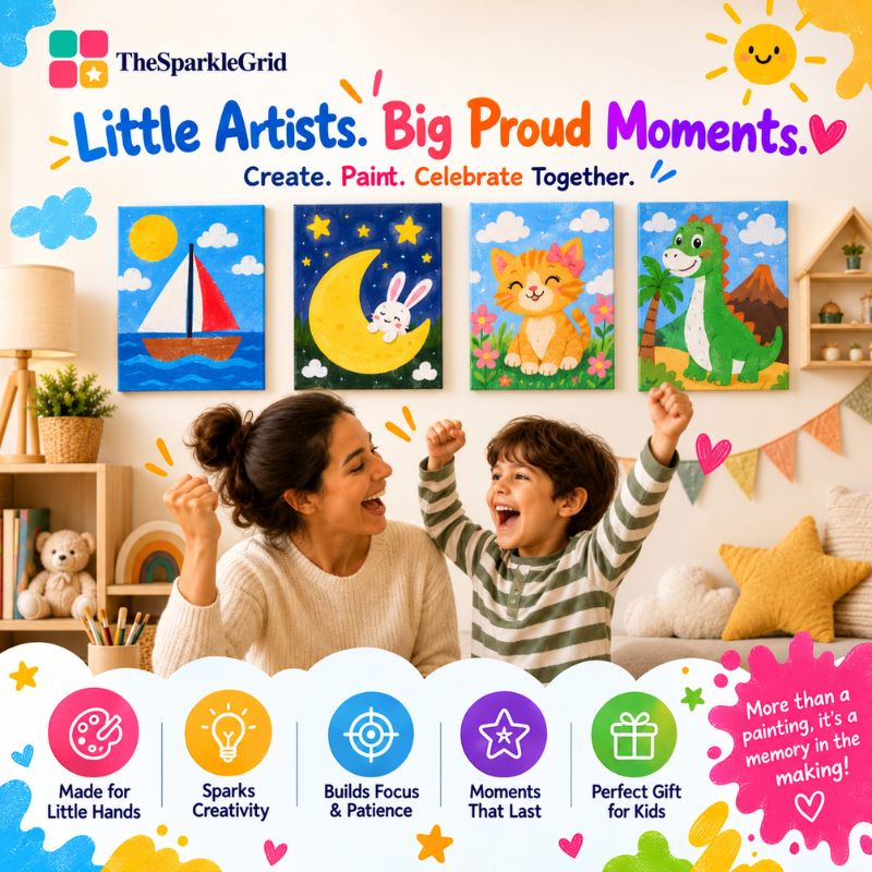 Family displaying finished TheSparkleGrid Kids Paint by Numbers artwork