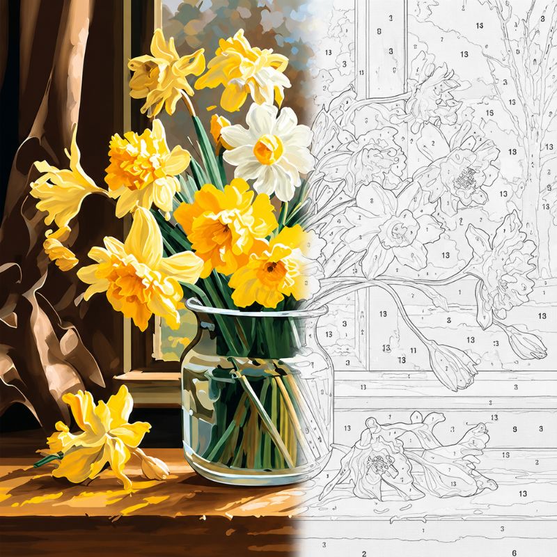 Daffodil Bouquet Glass Vase Paint by Numbers Kit | Floral Still Life Paint by Numbers for Adults