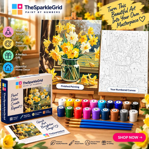 Daffodil Bouquet Glass Vase Paint by Numbers Kit | Floral Still Life Paint by Numbers for Adults