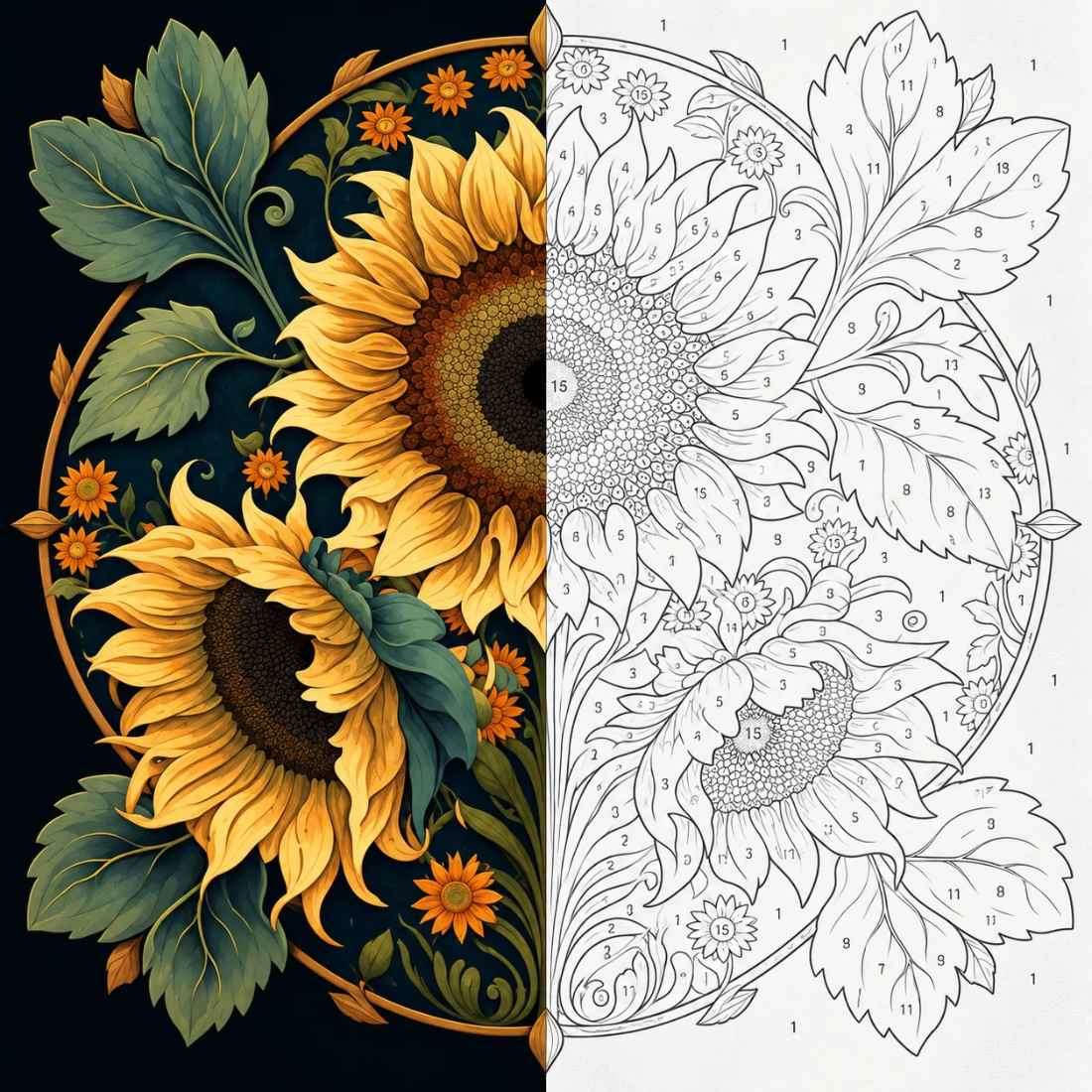 Art Nouveau Sunflower Medallion Paint by Numbers Kit | Botanical Paint by Numbers for Adults