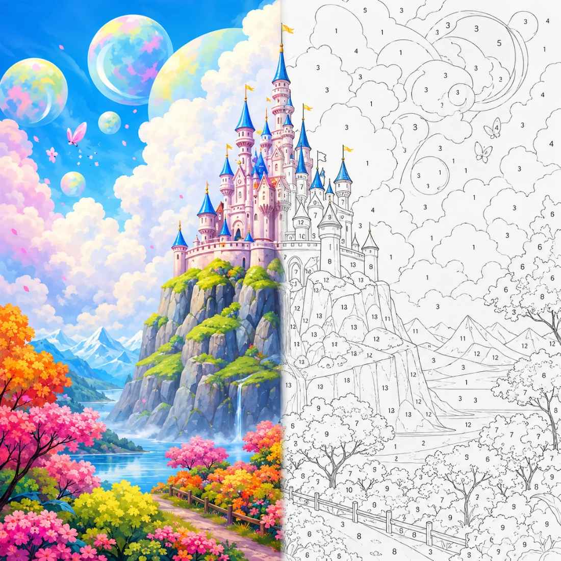 Fantasy Princess Castle on Mountain Paint by Numbers Kit | Magical Castle Paint by Numbers for Adults and Kids