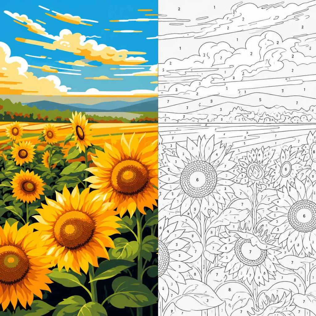 Sunflower Field Blue Sky Paint by Numbers Kit | Floral Landscape Paint by Numbers for Adults
