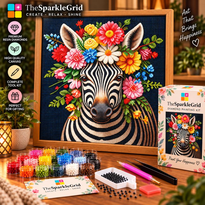 TheSparkleGrid diamond painting kit featuring a zebra with a colorful floral crown, displayed in a wooden frame on a wooden table with its tools, beads, and packaging box.