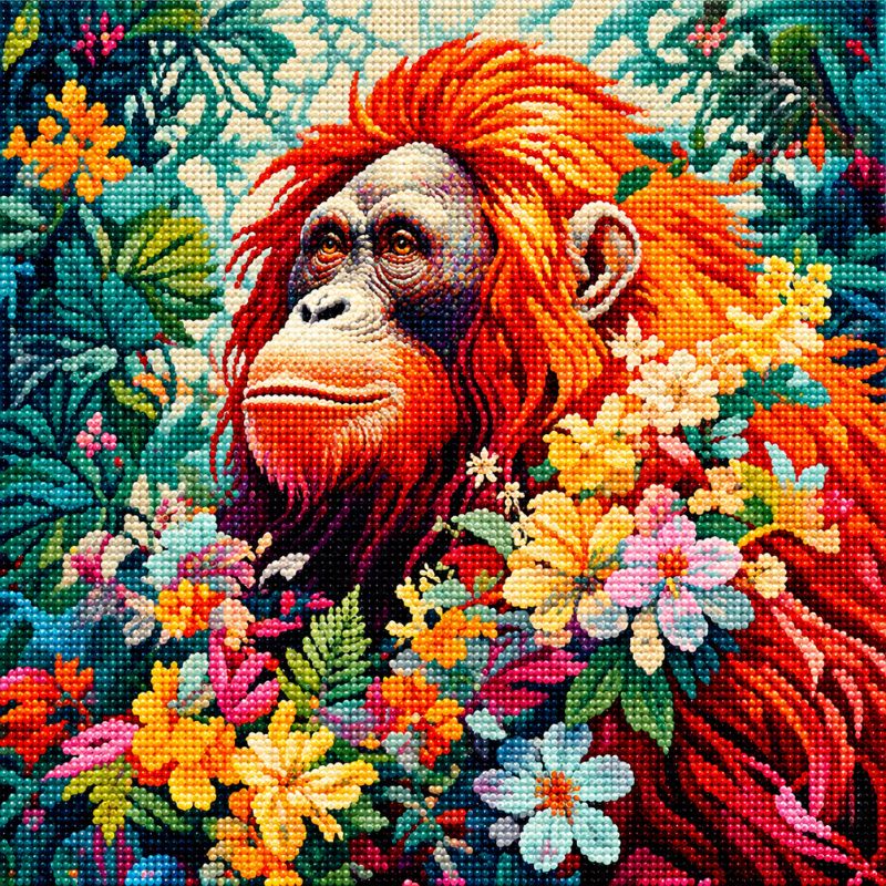 Orangutan in Tropical Flowers 5D Diamond Painting Kit | Wildlife Portrait Diamond Art for Adults