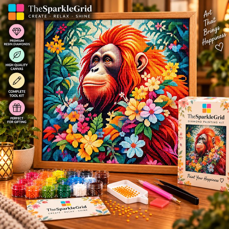 Orangutan in Tropical Flowers 5D Diamond Painting Kit | Wildlife Portrait Diamond Art for Adults