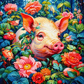 Pig in Garden Blooms 5D Diamond Painting Kit | Floral Animal Diamond Art for Adults