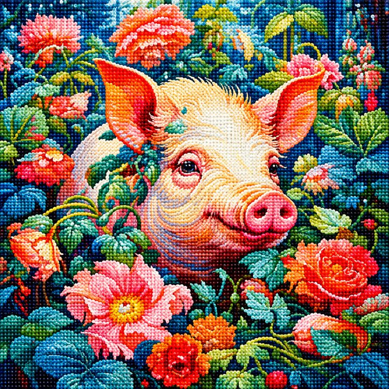 Pig in Garden Blooms 5D Diamond Painting Kit | Floral Animal Diamond Art for Adults