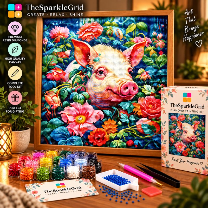 TheSparkleGrid diamond painting kit displayed on a wooden table, featuring a completed colorful canvas artwork of a pig surrounded by flowers in a wooden frame, along with the product box, small jars of colorful resin diamonds, paint pens, and accessories. The scene is styled with decorative plants and a lantern, with product feature icons and text overlays on the left side.