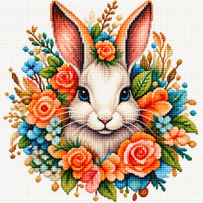 A cross-stitch style illustration of a white rabbit with blue eyes, surrounded by a colorful floral wreath of orange roses, blue flowers, green leaves, and small gold accents on a white canvas background.