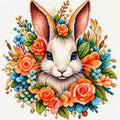 A cross-stitch style illustration of a white rabbit with blue eyes, surrounded by a colorful floral wreath of orange roses, blue flowers, green leaves, and small gold accents on a white canvas background.