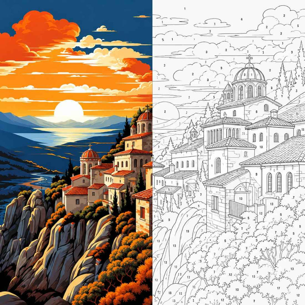 Greek Orthodox Monastery Clifftop Sunset Paint by Numbers Kit | Mediterranean Landscape Paint by Numbers for Adults