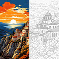Greek Orthodox Monastery Clifftop Sunset Paint by Numbers Kit | Mediterranean Landscape Paint by Numbers for Adults