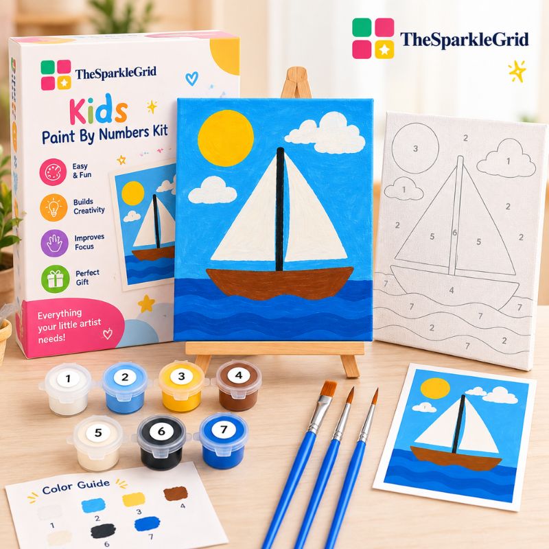 The Sparkle Grid Kids Paint By Numbers Kit displayed on a light wood table, featuring a colorful finished sailboat painting on an easel, the numbered canvas print, paint pots, paintbrushes, a color guide, and the product packaging.