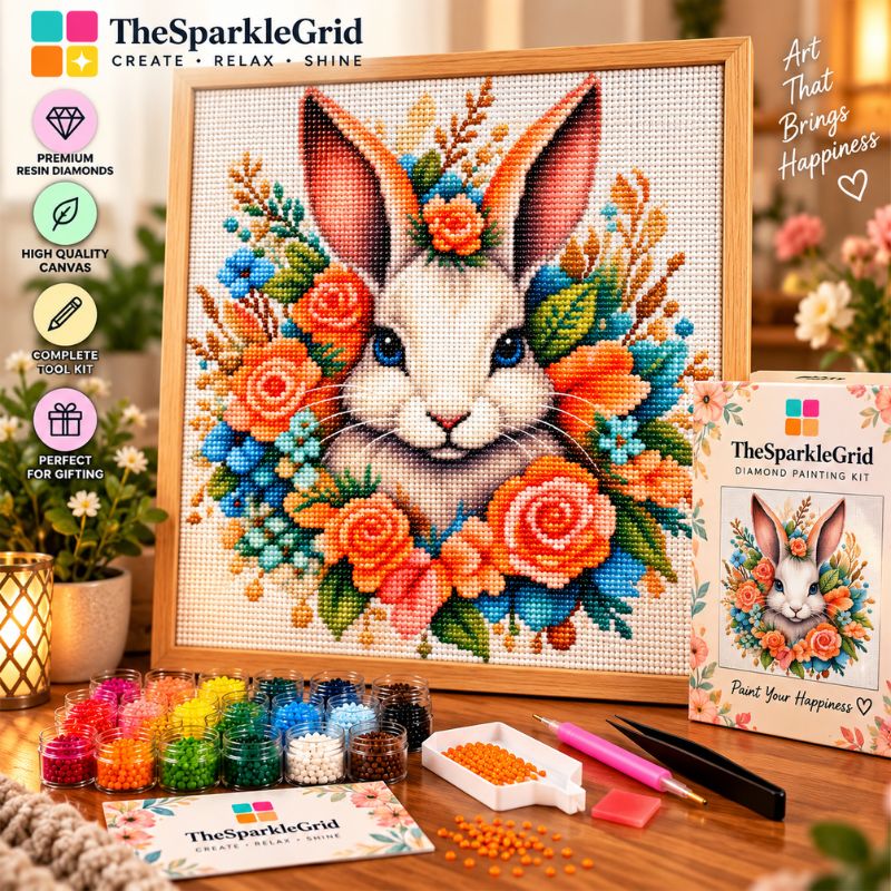 TheSparkleGrid cross-stitch painting kit showing a completed floral bunny artwork in a wooden frame, with the matching kit box, thread bottles, needles, and accessories arranged on a table in a warm indoor setting.
