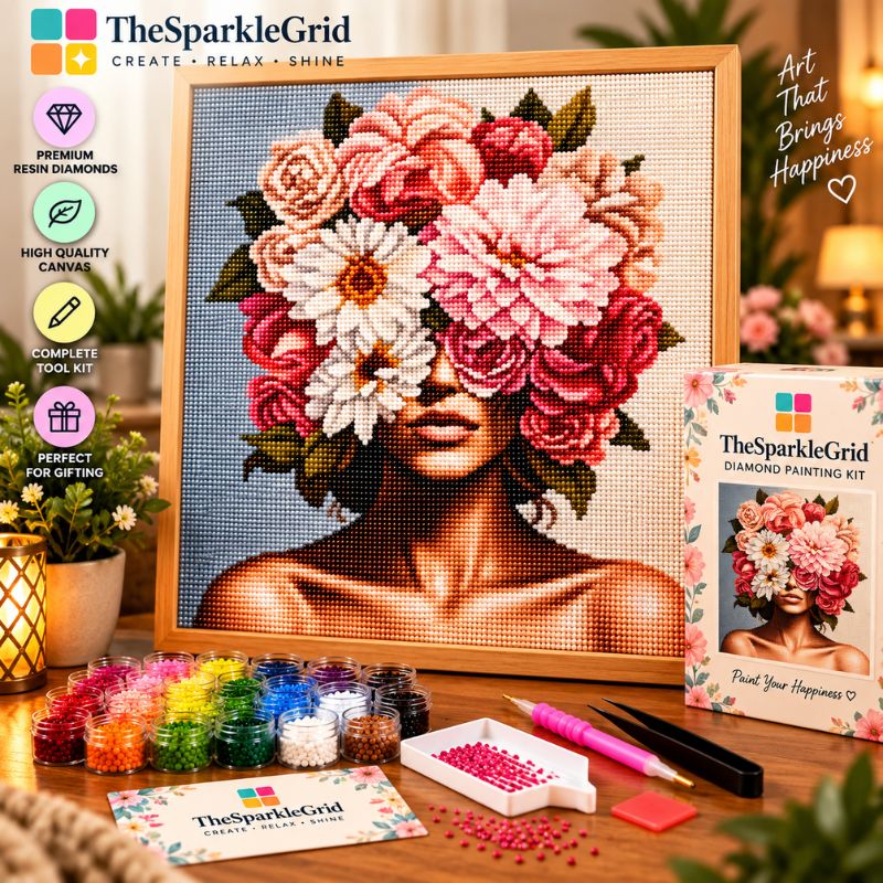 TheSparkleGrid diamond painting kit displayed on a wooden surface with its framed artwork showing a woman's face obscured by large pink, red, white, and yellow flowers. The kit includes a box, small jars of colored beads, a pen, tweezers, paint, and branded cards, with decorative plants and warm ambient lighting in the background.
