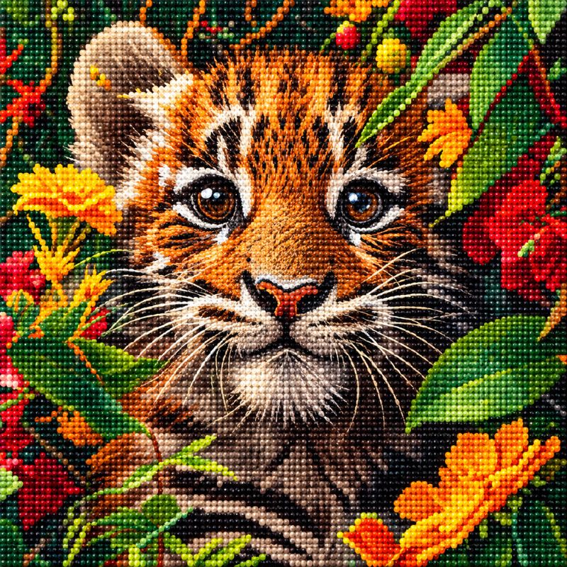 Tiger Cub in Flowers 5D Diamond Painting Kit | Wildlife Portrait Diamond Art for Adults