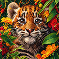 Tiger Cub in Flowers 5D Diamond Painting Kit | Wildlife Portrait Diamond Art for Adults