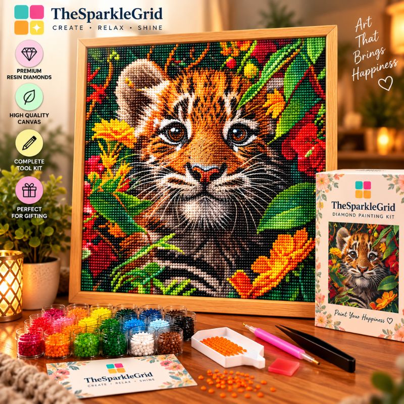 TheSparkleGrid diamond painting kit featuring a tiger cub artwork on a canvas, displayed on a wooden table with paint beads, pens, and the product box. The scene includes decorative warm lighting and promotional text highlighting premium resin diamonds, high quality canvas, and complete tool kit.