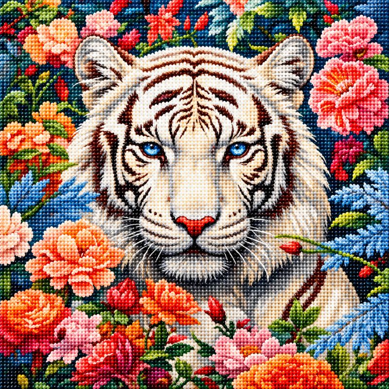 White Tiger in Floral Garden 5D Diamond Painting Kit | Wildlife Portrait Diamond Art for Adults