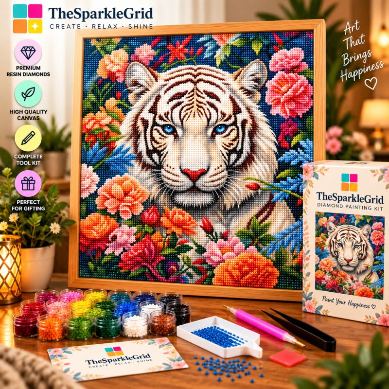 TheSparkleGrid Diamond Painting Kit featuring a completed canvas artwork of a white tiger surrounded by colorful flowers in a wooden frame, displayed on a table with the product box, paint beads, tools, and branding materials.