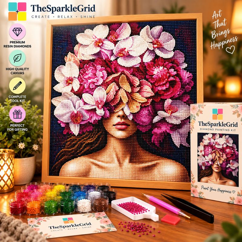 TheSparkleGrid Canvas Art Kit showing a completed diamond painting of a woman with a floral headdress, displayed on a wooden table with its packaging box, paint containers, and tools against a warm, cozy background.