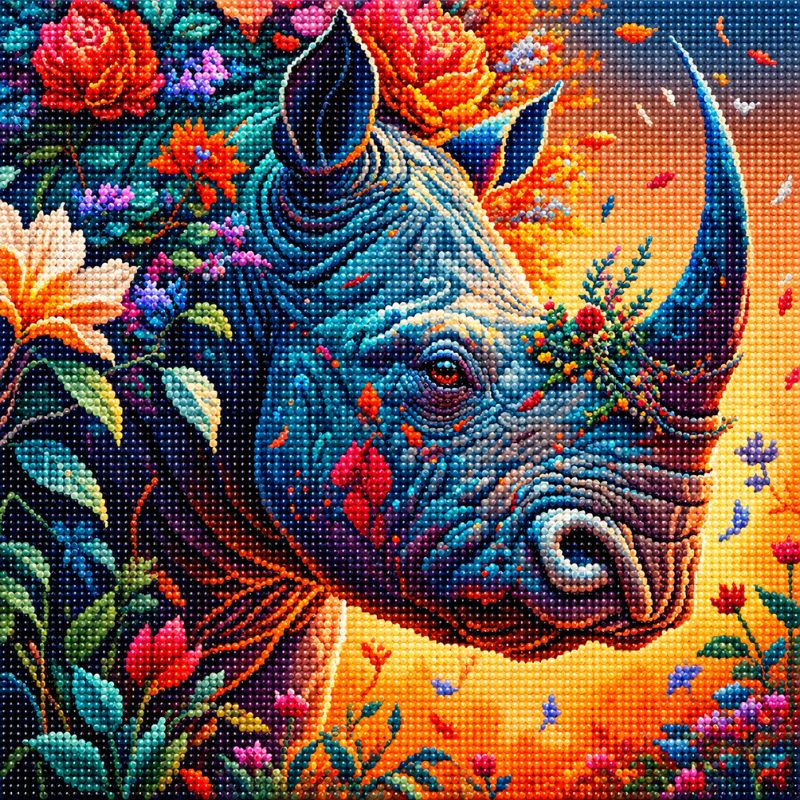 Rhino in Floral Sunset 5D Diamond Painting Kit | Animal Portrait Diamond Art for Adults