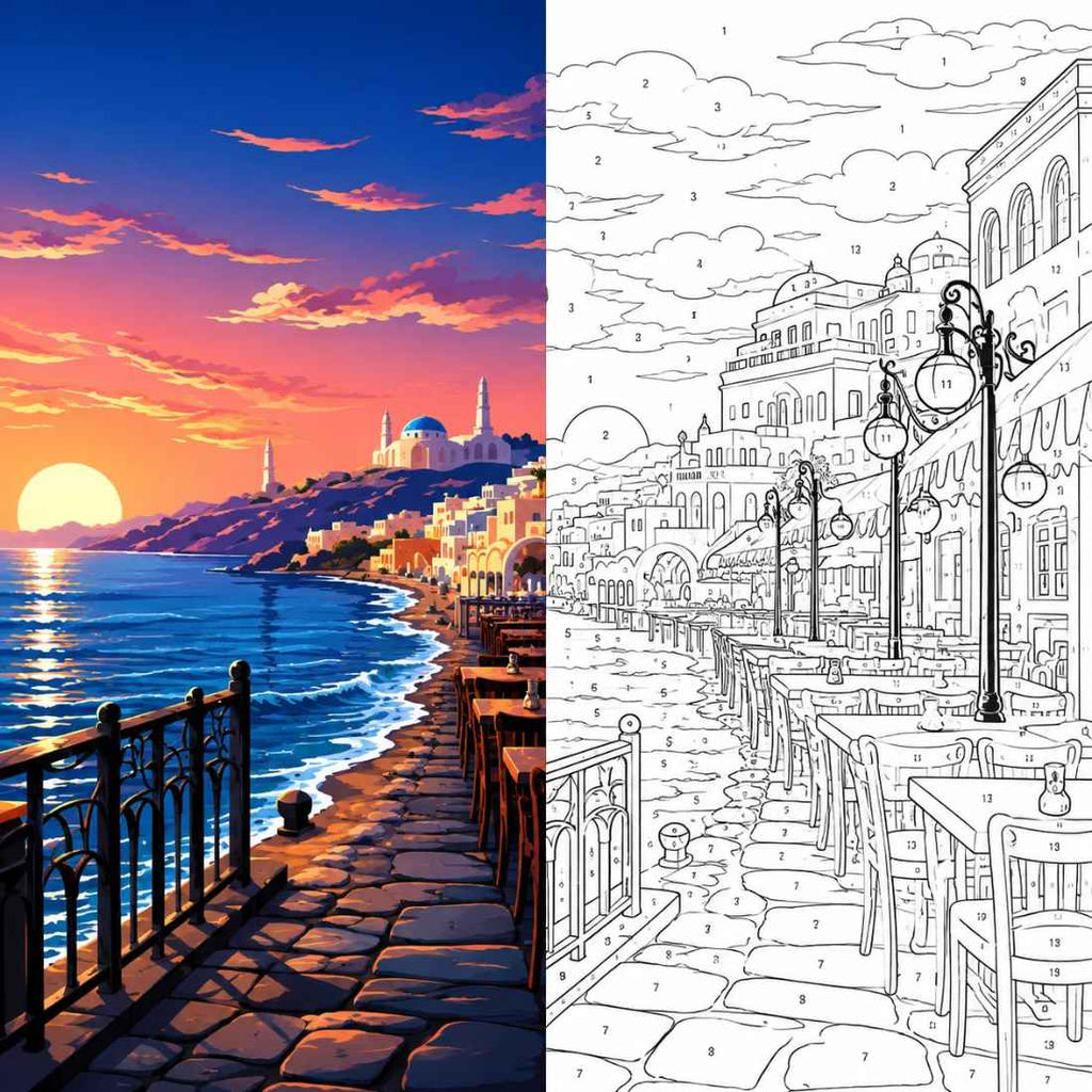 Greek Island Waterfront Café at Sunset Paint by Numbers Kit | Mediterranean Landscape Paint by Numbers for Adults