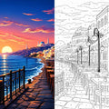 Greek Island Waterfront Café at Sunset Paint by Numbers Kit | Mediterranean Landscape Paint by Numbers for Adults